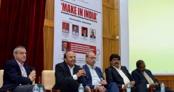 At the ‘Make in India’ panel, hosted by IIM Bangalore’s PGPEM program, Shivaprasad Naik, Senior Vice President, PVC, Reliance Industries, highlights the differences between the two business models and calls for focus on ‘Make for India’ Dr Sushil Vachani, Director, IIM Bangalore, Arun Chandavarkar, CEO & Joint Managing Director, Biocon, Ananth Agastya, Executive Director, HAL Management Academy, Chris Rao, Vice President, UTC Aerospace System, UTAS, and Shivaprasad Naik, Senior Vice President, PVC, Reliance Industries Ltd