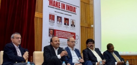 At the ‘Make in India’ panel, hosted by IIM Bangalore’s PGPEM program, Shivaprasad Naik, Senior Vice President, PVC, Reliance Industries, highlights the differences between the two business models and calls for focus on ‘Make for India’ Dr Sushil Vachani, Director, IIM Bangalore, Arun Chandavarkar, CEO & Joint Managing Director, Biocon, Ananth Agastya, Executive Director, HAL Management Academy, Chris Rao, Vice President, UTC Aerospace System, UTAS, and Shivaprasad Naik, Senior Vice President, PVC, Reliance Industries Ltd
