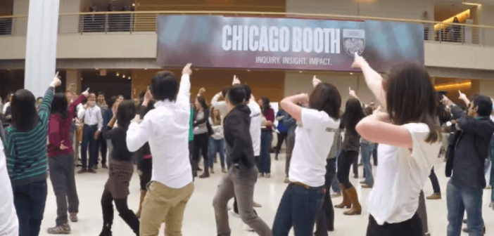 Chicago Booth Students Step-Up to Welcome Freshers flash dance uptown funk MBA perform